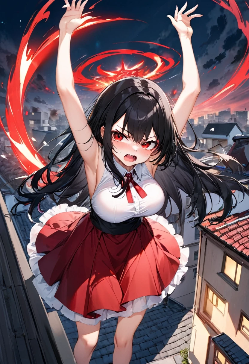(from above and high angle), (Throw both hands up into the sky, looking at the sky), (solo:2, 18 yo, straight black hair long hair angry dominance girl, angry red eyes, open mouth, big tits), in a formal dress), break, in the rooftop, (background red aura:1.3), BREAK, perfect anatomy, masterpiece, best quality, 16k, beautiful detailed grow, daydreaming expression.