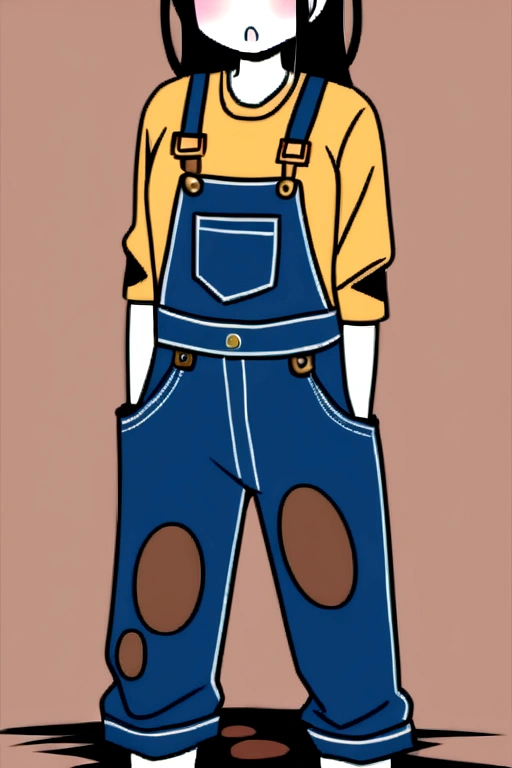 girl shit in her overalls. A lot of shit is on her overalls. Her overalls is messy with mud