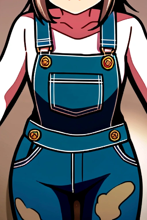 girl shit in her overalls. A lot of shit is on her overalls. Her overalls is messy with mud
