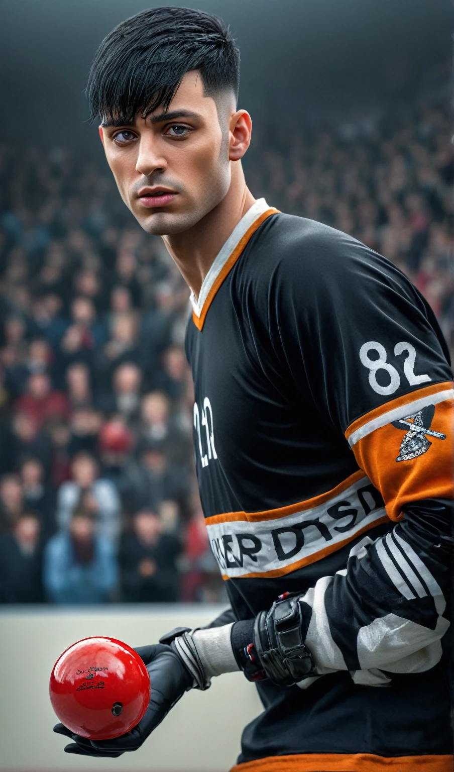 The masterpiece, above, is very realistic, very detailed, an original photo of a handsome man with undercut black hair wearing a full hockey outfit facing the audience, you can see the man dribbling a hockey ball agilely and professionally, very realistic. background cheers from spectators in the stands. of total, very detailed and perfect description, 32K ultraHD resolution, HDR, 800mm lens, realistic, hyperrealistic, photography, professional photography, immersive photography, ultra HD, very high quality, best quality, HDR photo, focus photo, original photo, very sharp , nature photos, masterpieces, award winning, taken with Hasselblad x2d.