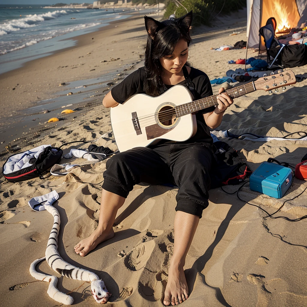 A cartoon cat playing the guitar at a beach bonfire