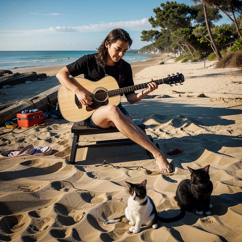 A cartoon cat playing the guitar at a beach bonfire
