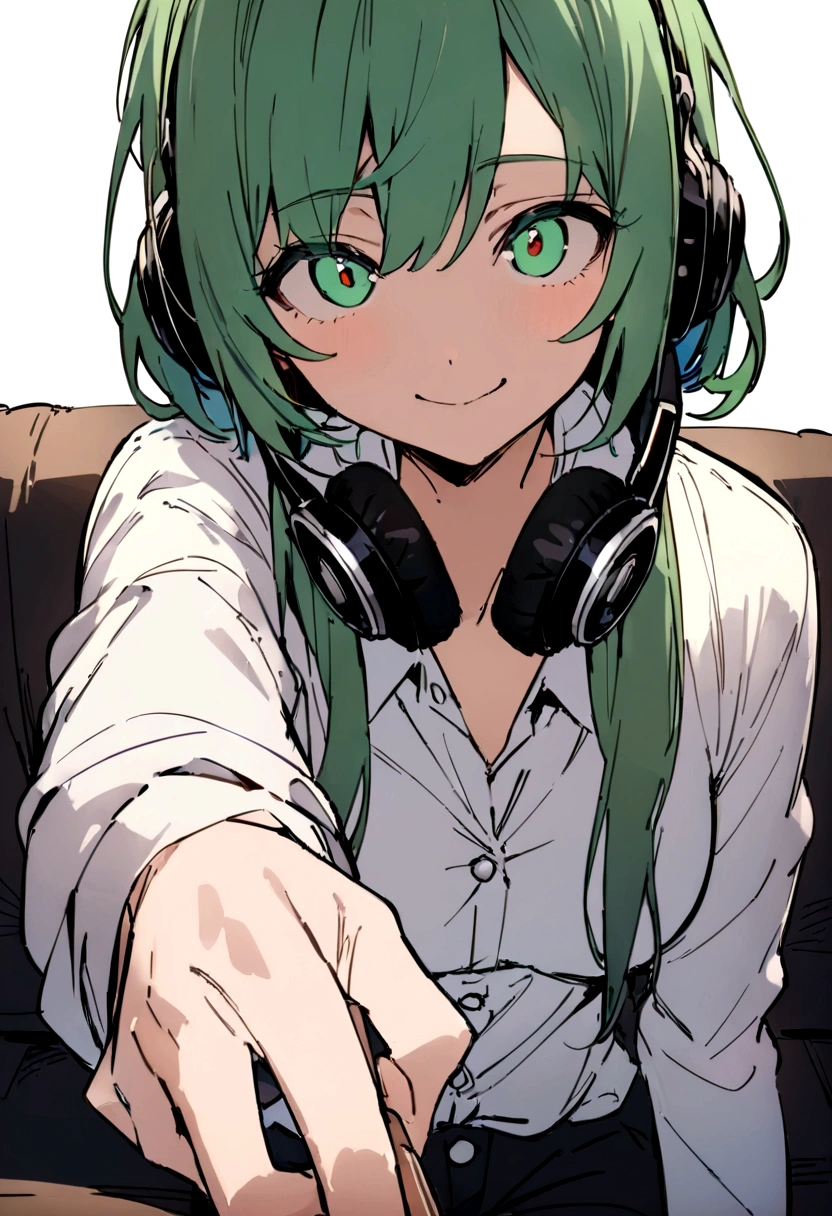 (masterpiece、Top quality:1.2)、High School Students、Wearing headphones around your neck、Facing diagonally forward、Standing、The viewer's perspective、tooth、a smile、Notebook in his right hand、Simple background、background green、Sitting on the sofa, White on-Down Shirt, Looking at the audience, high quality, best quality, Deatme style