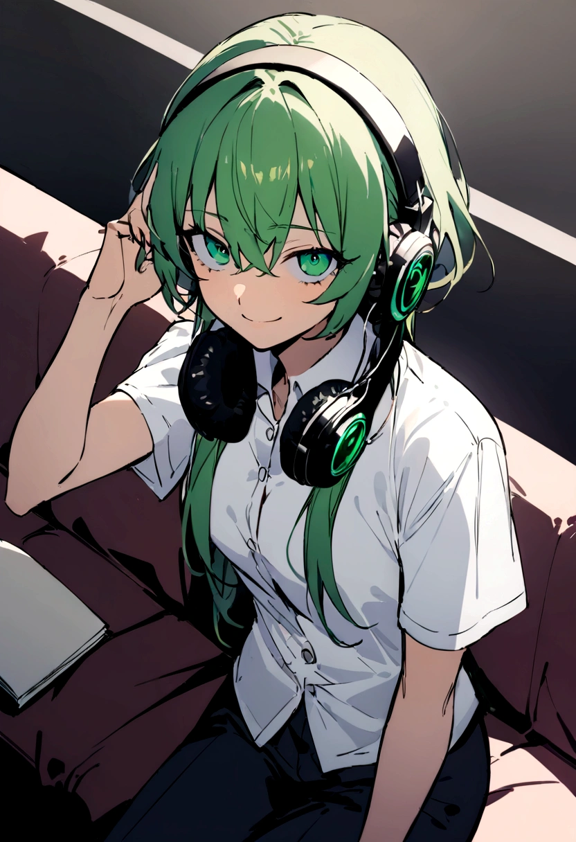 (masterpiece、Top quality:1.2)、High School Students、Wearing headphones around your neck、Facing diagonally forward、Standing、The viewer's perspective、tooth、a smile、Notebook in his right hand、Simple background、background green、Sitting on the sofa, White Button-Down Shirt, Looking at the audience, high quality, best quality, Death anime style