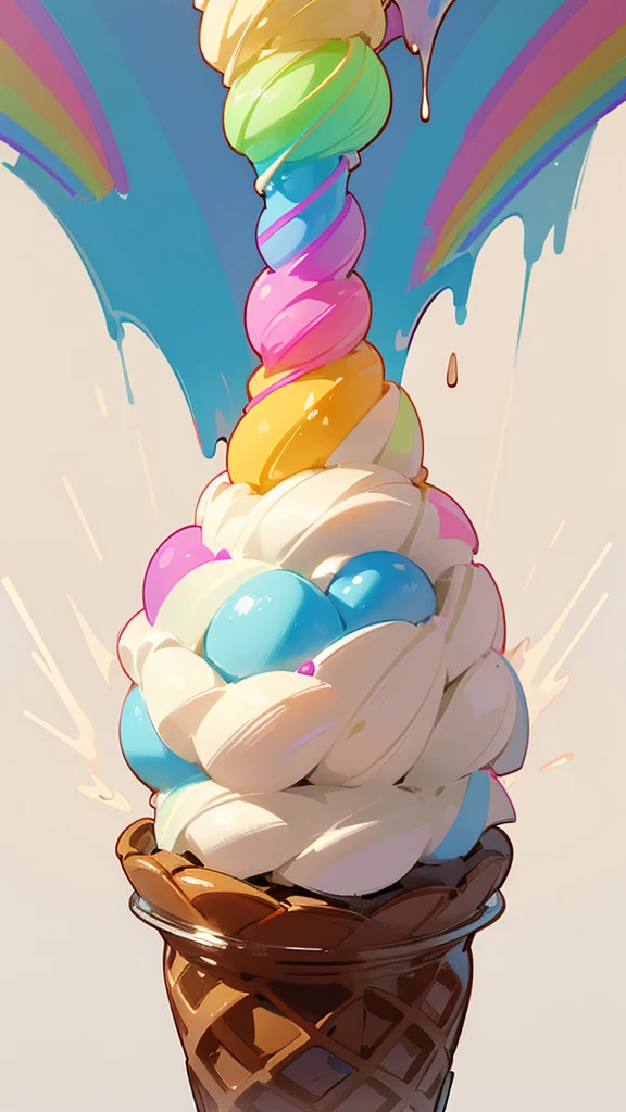 there is a cup of ice cream with a chocolate drizzle on top, Waffle Cone, ice cream on the side, Milkshake, slush, item, Dripping rainbow-colored natural rocks, ice cream, Rainbow Drops, slush)), Icy, High quality illustrations, ice cream cone, ❤🔥🍄🌪, Official product illustration, Creamy, Rainbow Ice