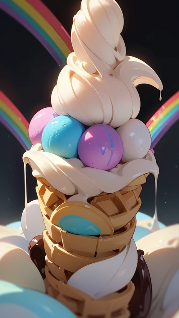 there is a cup of ice cream with a chocolate drizzle on top, Waffle Cone, ice cream on the side, Milkshake, slush, item, Dripping rainbow-colored natural rocks, ice cream, Rainbow Drops, slush)), Icy, High quality illustrations, ice cream cone, ❤🔥🍄🌪, Official product illustration, Creamy, Rainbow Ice
