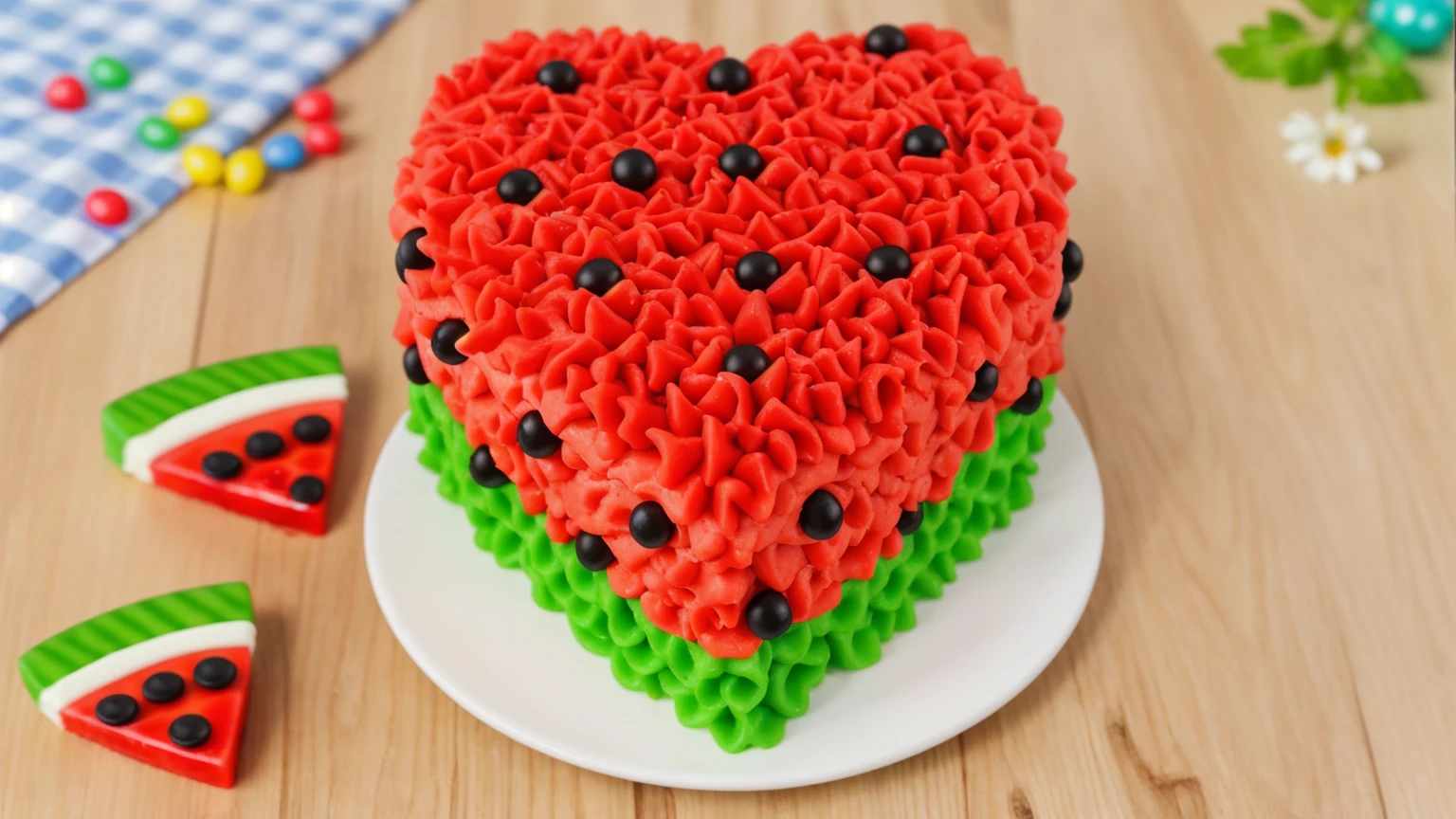 on a wooden table, there is a heart-shaped cake on a white plate,. red and green cream cake. cream with highlights,  with black beads. there is a blue checkered tablecloth on the table next to it, scattered rainbow jelly beans, chamomile lies, There are slices of watermelon made of polymer clay on the table, Multiple light sources, bright lighting, Realistic style , realistic texture, detailed texture, A high resolution, high quality, macro photo, ultra hd 4k quality.