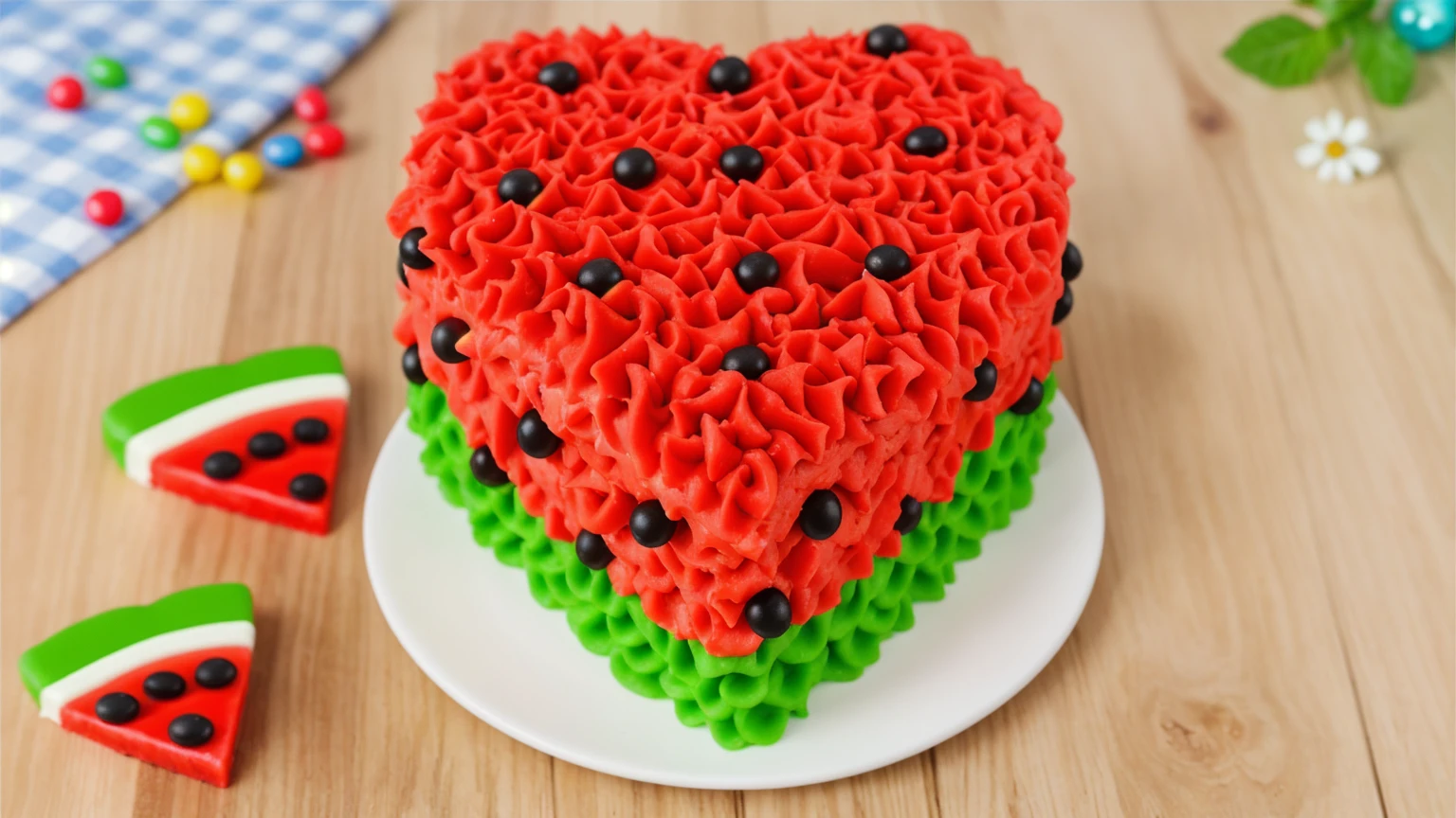 on a wooden table, there is a heart-shaped cake on a white plate,. red and green cream cake. cream with highlights,  with black beads. there is a blue checkered tablecloth on the table next to it, scattered rainbow jelly beans, chamomile lies, There are slices of watermelon made of polymer clay on the table, Multiple light sources, bright lighting, Realistic style , realistic texture, detailed texture, A high resolution, high quality, macro photo, ultra hd 4k quality.