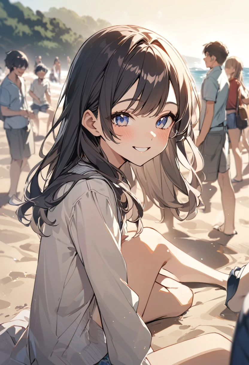 girl,19 years old, on the beach in the background of the ocean, many people, smiling appearance while sitting on the sand playing in the sand