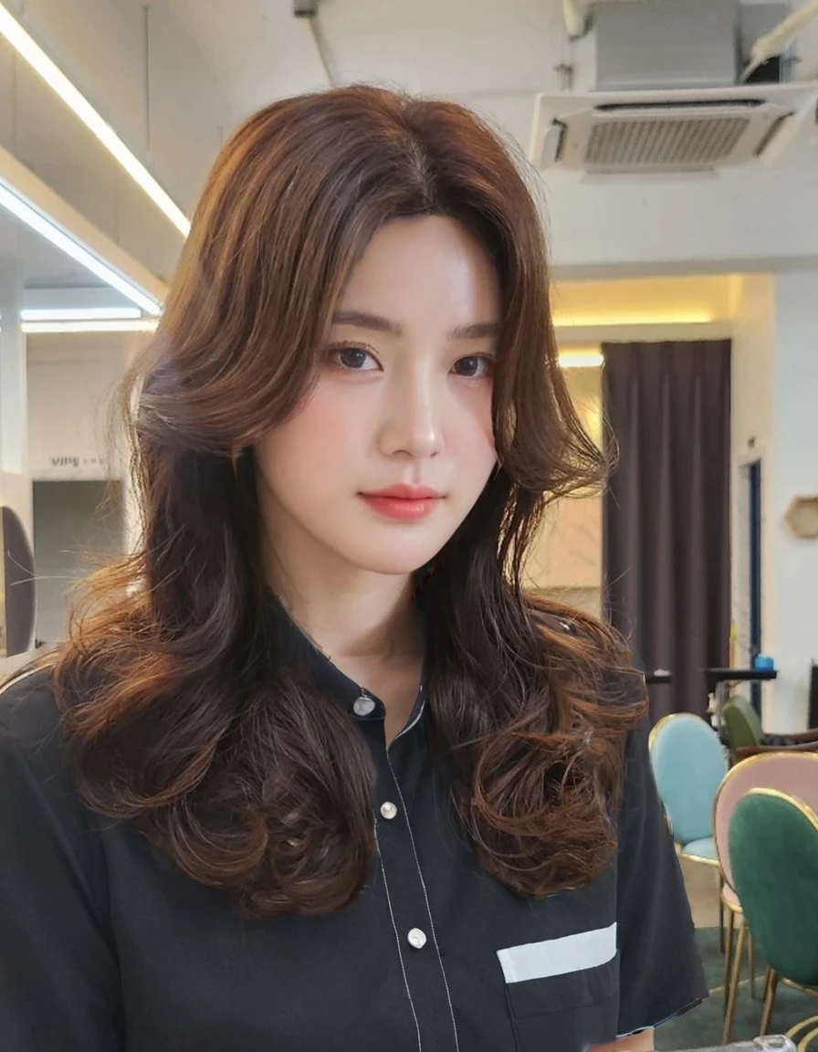 Best Quality, 8k, Masterpiece, (Portrait: 1.3), (photo realistic:1.4), (hyper realistic:1.4), Sharp Focus, looking at viewer, (smoother lighting:1.1), (increase cinematic lighting quality:0.9), realistic lighting, backlighting, light on face, ray trace, (brightening light:1.2), (Increase quality:1.4), sharp detail, (best quality real texture skin:1.4), finely detailed eyes, black_eyes, finely detailed face, 25 year old Korean woman, (white formal_shirt:1.4), (Create an image maintaining the original base model hairstyle:1.5)