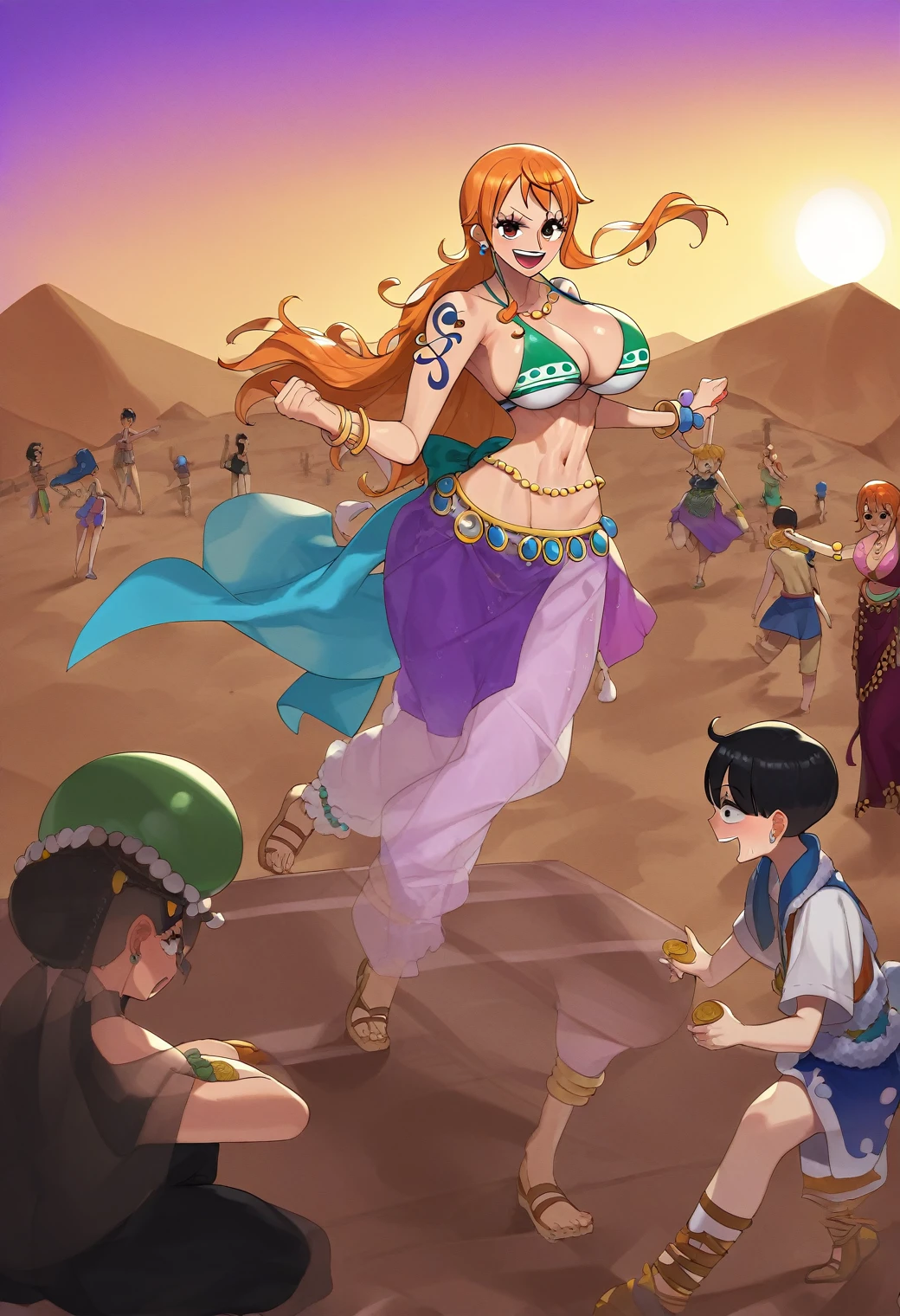 score_9,score_8_up,score_7_up, ,1girl, nami, one piece pre-timeskip, shiny skin, clothed female, wearing , nami, gyaru, full body, seductive moving her hands on shota body,, nasty nami, bitch nami, , desert, miraj, harem clothes, belly dance,live show, public throwing coins, concert, stage, lighting, purple harem clothes,
