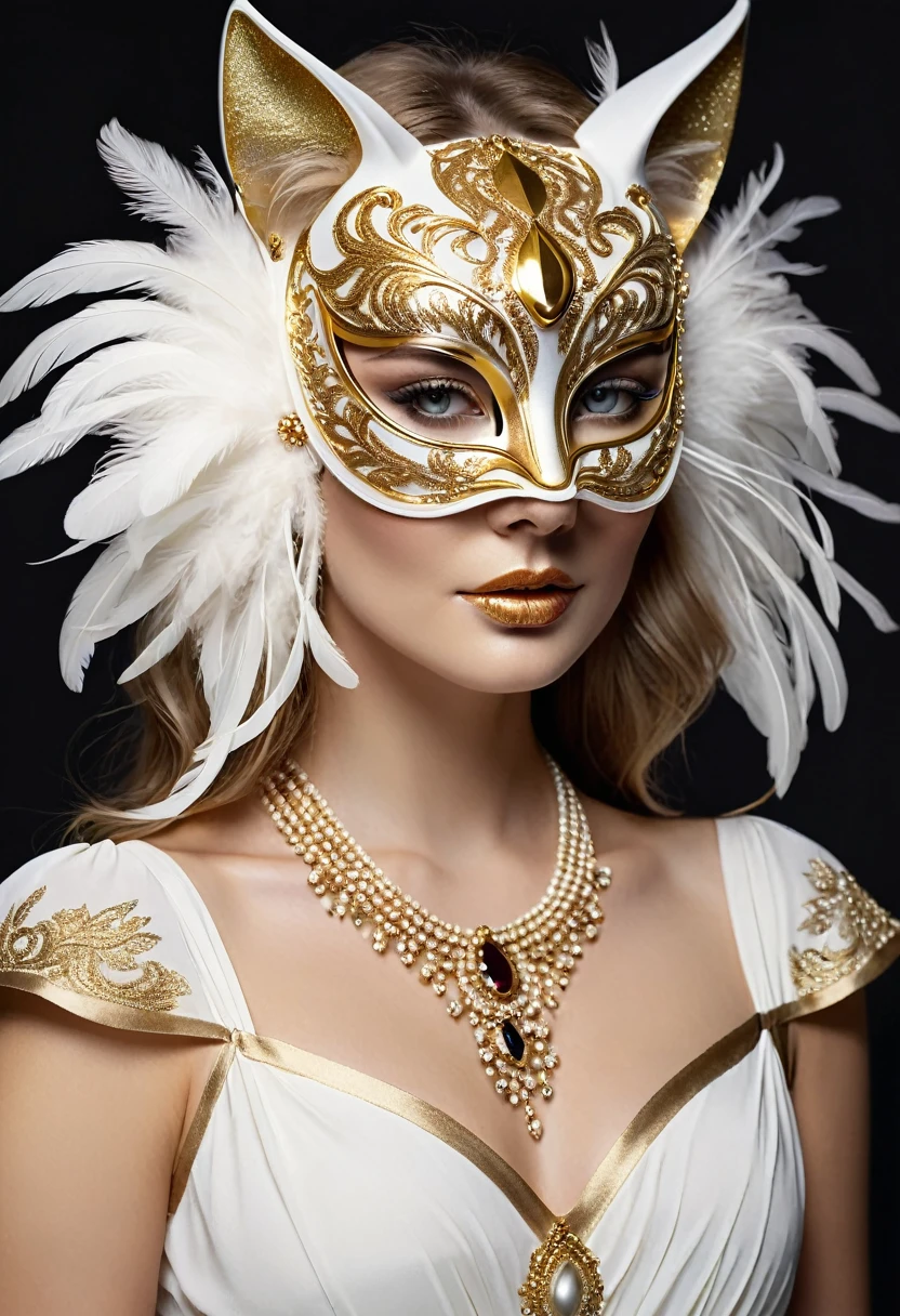 Elegant woman in a flowing white dress wearing an intricate golden cat mask adorned with jewels and feathers