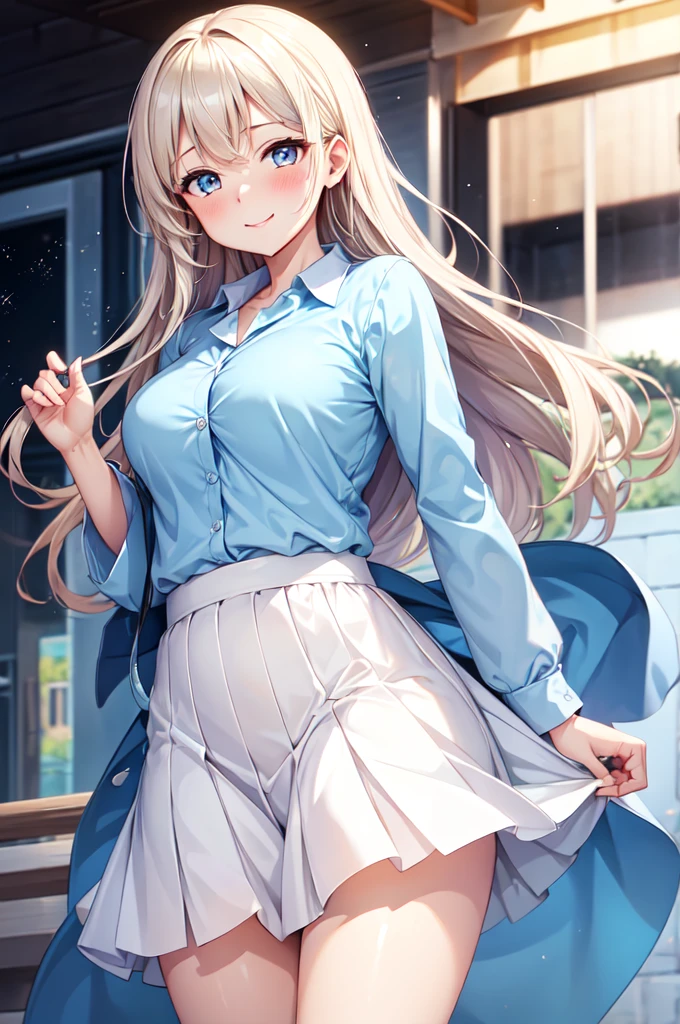 (High quality, High resolution, Fine details), Outdoor, Standing, taking off clothes, BREAK Light blue long-sleeved shirt, BREAK Long white skirt, solo, curvy adult women, sparkling eyes, (Detailed eyes:1.2), smile, blush, Sweat, Oily skin, Soft tones, shallow depth of field