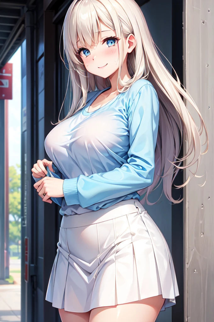 (High quality, High resolution, Fine details), Outdoor, Standing, taking off clothes, BREAK Light blue long-sleeved shirt, BREAK Long white skirt, solo, curvy adult women, sparkling eyes, (Detailed eyes:1.2), smile, blush, Sweat, Oily skin, Soft tones, shallow depth of field