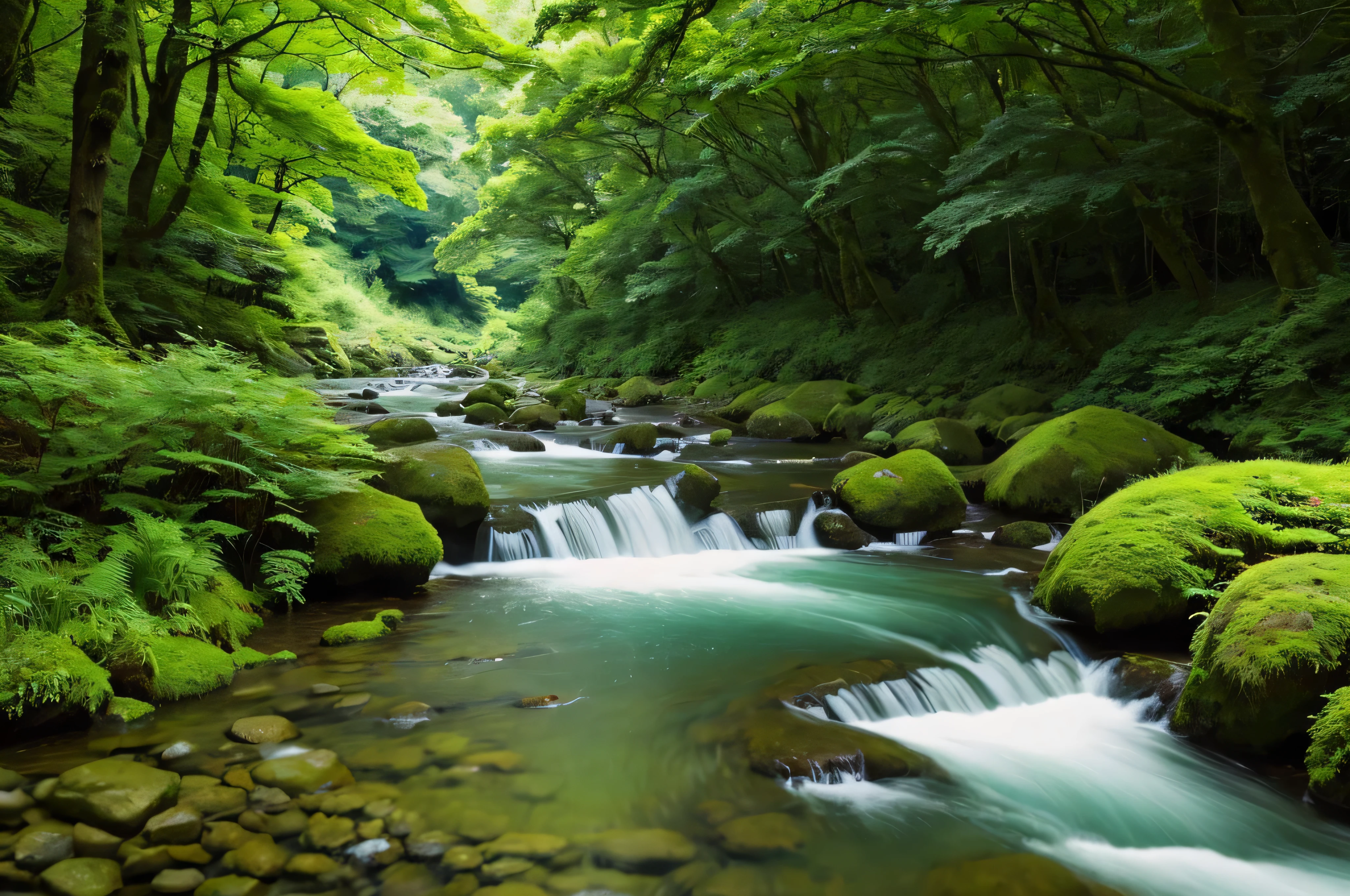 a close up of a stream running through a lush green forest, Japanese green forest, river in forest, forest and river, green forest, forest landscape, gentle shining forest stream, peaceful green forest, lush green forest, Japanese green gold forest, Japanese nature, lush deep forest, beautiful forest landscape, peaceful environment, lush green forest landscape, 8k