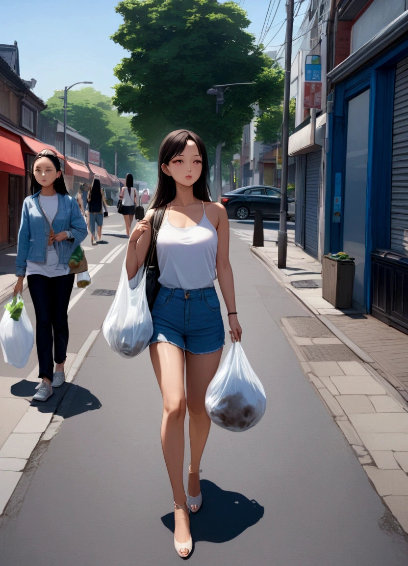 slim woman walking down the sidewalk with a bag of groceries in her hand, holding a plastic garbage bag, on the street, on the street, uhd candid photo of dirty, on a street, asian woman, stunning woman, street fashion, in a street, gorgeous lady