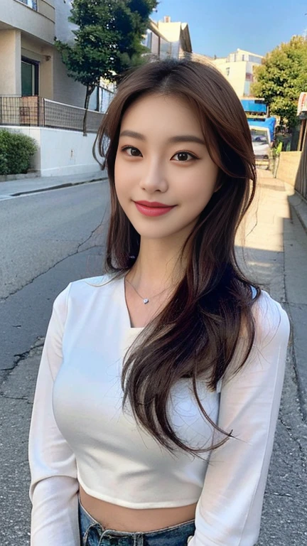 ((realistic lighting, best quality, 8 thousand, masterpiece:1.3)), sharp focus:1.2, 1 woman, natural Beautiful woman with perfect body:1.4, slim abs:1.1,(Exterior,During the day:1.1),country street,ultra fine face,good eyes,double eyelid,Curly hair,big smile,beautiful kpop blouse