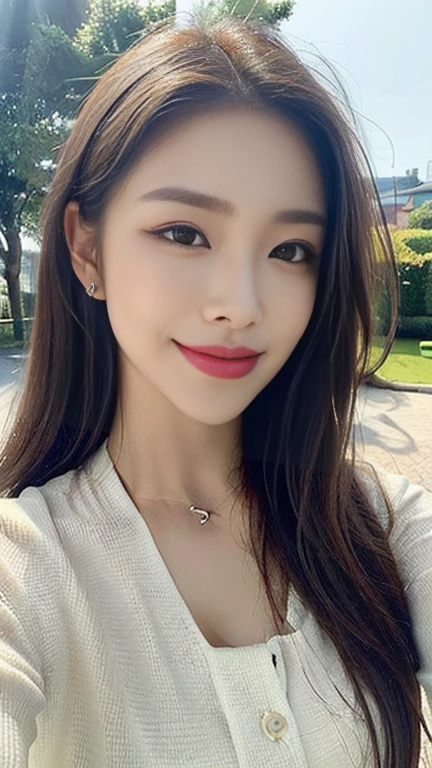 ((realistic lighting, best quality, 8 thousand, masterpiece:1.3)), sharp focus:1.2, 1 woman, natural Beautiful woman with perfect body:1.4, slim abs:1.1,（Exterior，During the day：1.1），country street，ultra fine face，good eyes，double eyelid，Curly hair，big smile，beautiful kpop blouse