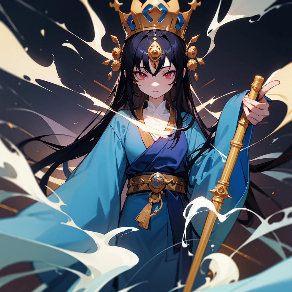 Blue robes, dark, staff, long black hair, bodhisattva crown, odd eyes 