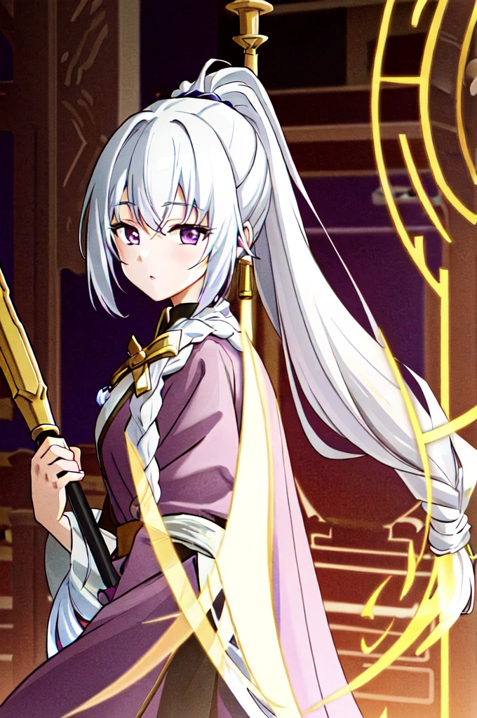 (extremely detailed CG unity 4k wallpaper),(masterpiece),(ultra quality),(ultra-detailed),(best illustration),(best shadow),(absurdres),(detailed background), 1girl, staff, long white hair, solo, hair in a loose braid, colored skin, high ponytail, white hair, purple eyes, long sleeves, holding staff, ponytail, holding, blue skin, looking at viewer, purple lips, medium length hair