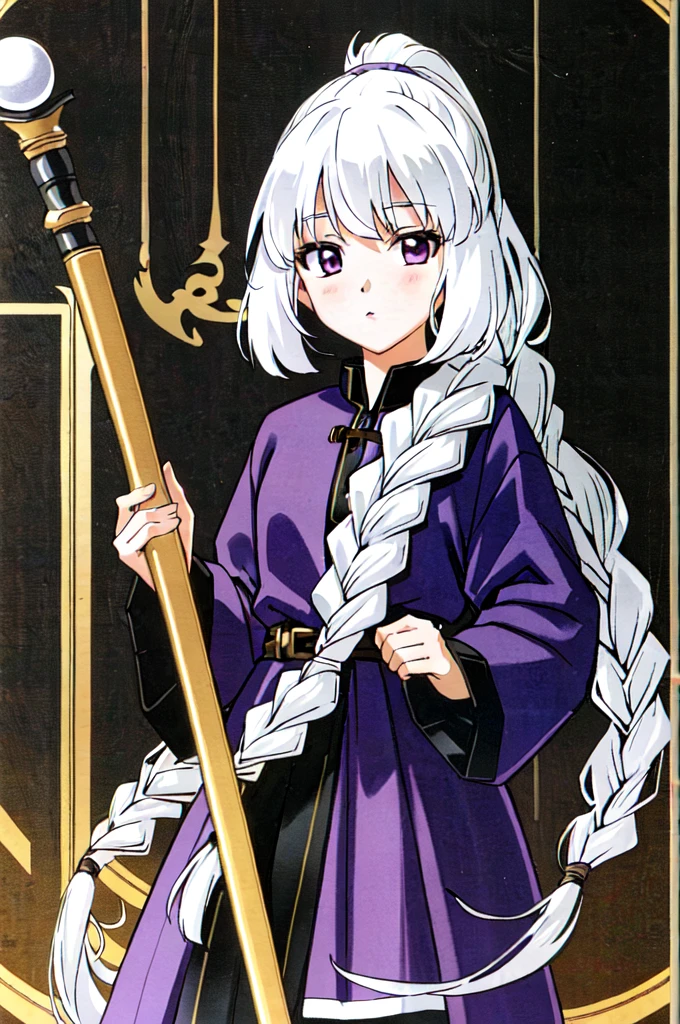 (extremely detailed CG unity 4k wallpaper),(masterpiece),(ultra quality),(ultra-detailed),(best illustration),(best shadow),(absurdres),(detailed background), 1girl, staff, long white hair, solo, hair in a loose braid, colored skin, high ponytail, white hair, purple eyes, long sleeves, holding staff, ponytail, holding, blue skin, looking at viewer, purple lips, medium length hair