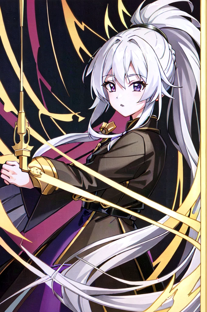 (extremely detailed CG unity 4k wallpaper),(masterpiece),(ultra quality),(ultra-detailed),(best illustration),(best shadow),(absurdres),(detailed background), 1girl, staff, long white hair, solo, hair in a loose braid, colored skin, high ponytail, white hair, purple eyes, long sleeves, holding staff, ponytail, holding, blue skin, looking at viewer, purple lips, medium length hair