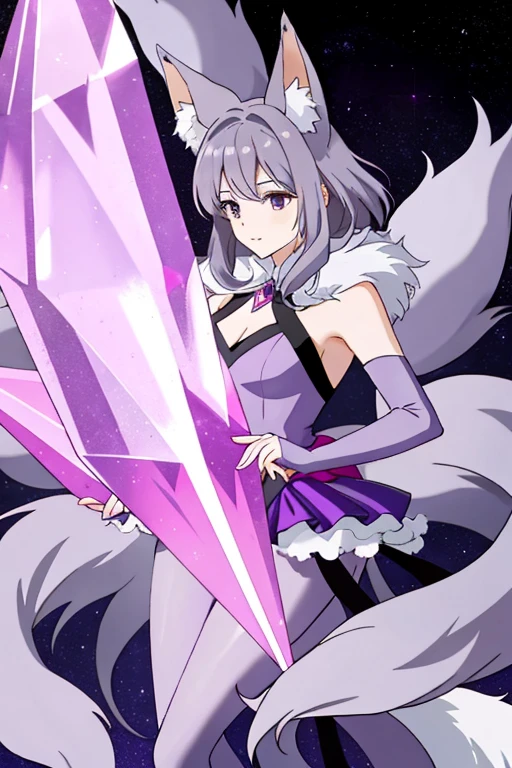 ((best quality)), ((masterpiece)), (detailed), purple and grey color fox, purple and grey color crystal fur, crystal shaped tail, large crystal on its head