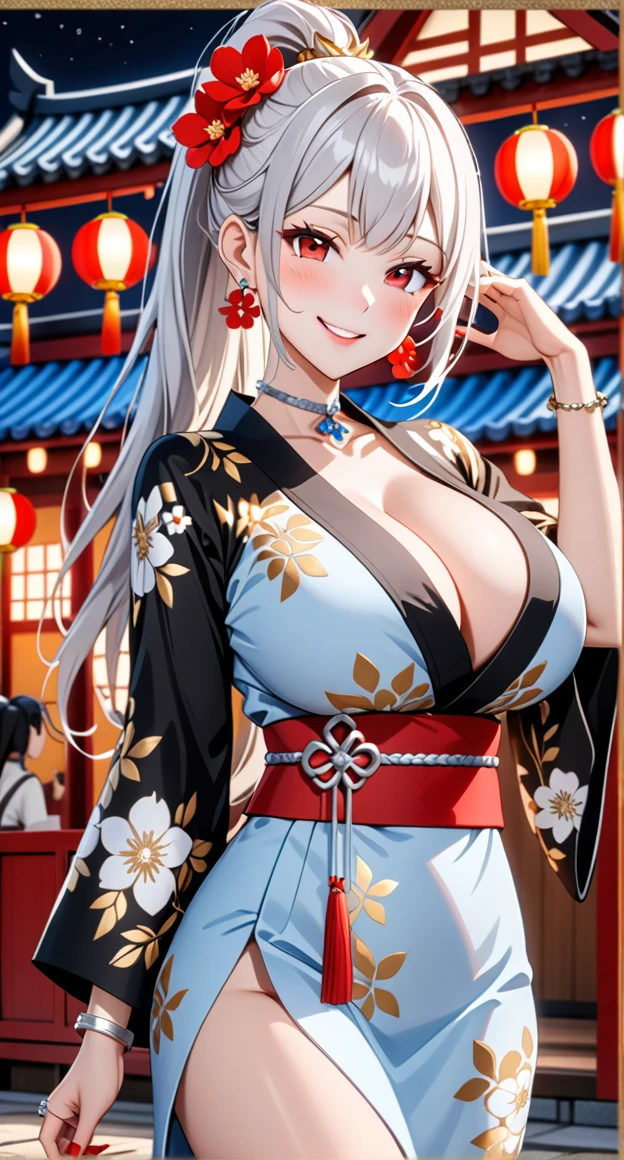ultra-detailed, ((one girl)), hyper detailed, absurdres, 8K,Beautiful Face, (Laugh shyly), ((teasing smile:1.8)), ((Wink:1.8)), (Laugh with your mouth wide open:1.3),(Tilt your head:1.3), View your viewers, ((Bright red cheeks:1.6)),Glossy Red Lips, ((Big Breasts:1.5)) night, Shrine festival stalls, (Brighten your face), ((Anime style background)),masterpiece, Highest quality, so beautiful,Latest, Complex details, (Pink long nails), (nail art), (ring),(bracelet), (Floral Choker),AI-generated, Complex,High resolution, Highest quality, super high quality,3D Images、3D Images,One person,Long white hair,(High Ponytail), Anime woman posing for a photo, (beautiful eyes), ((Eyes with a delicate blend of pale blue and silver:1.5)), (Squint your eyes:1.1),a hyperRealistic , hyperRealistic , Realistic,Anime woman with long white hair, Smooth anime CG art, With gold embroidery、A girl in a gorgeous kimono, ((Black long sleeve kimono:1.3)),(Red large floral pattern) ,Long flower hair ornament,Floral Earrings,Mature Body, expensive,Abdominal muscles,Tight waist,((Zoom in on face:2.1)),(front view),