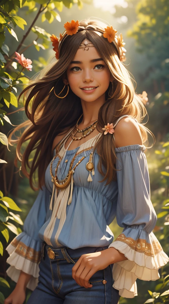 Foto hiperrealista en primer plano de Willa Fitzgerald, dressed in blue peasant blouse paired with bell-bottom jeans and fringe accessories. She wears a headband or flower crown in her long, flowing hair. The setting is a bohemian-inspired outdoor music festival or a peaceful nature backdrop, capturing the free-spirited and laid-back vibe of the era 60Retro69Punch75,  beautiful woman, skinny, small breasts, straight brown hair, detailed face, smile, photo taken from a distance, age 20 tears old