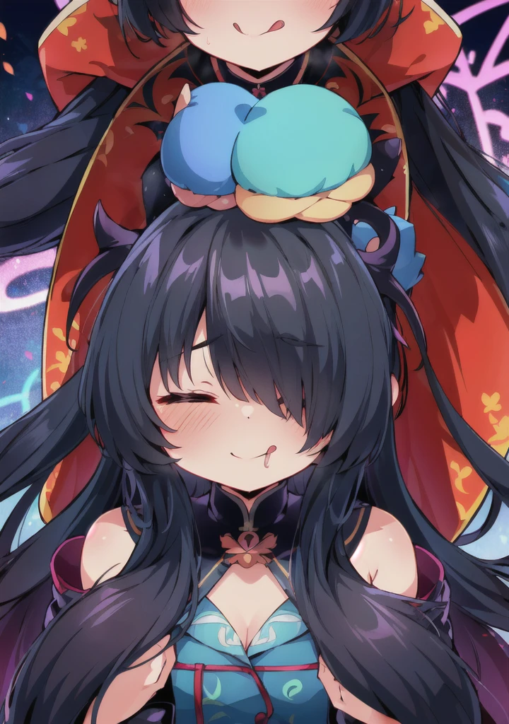 (((Characteristic clothing))),(((high quality))),Unshaven, Cloudy eyes,Anime Style,Long Tongue,Sticking out tongue,Obscene lines,Fatty face,Fallen into evil,Sexual,clumsy smile,((Unshavenの髪)),((((Long hair that covers the eyes)))),transformation,Long Hair