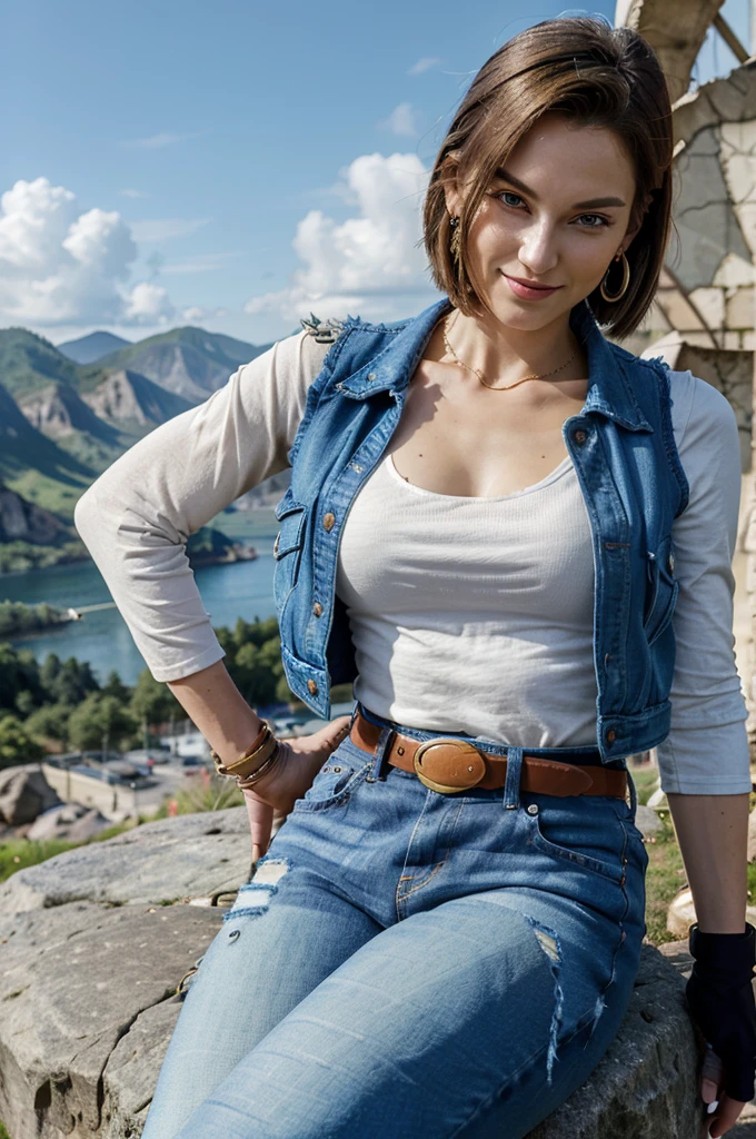 masterpiece, best quality, ultra-detailed, absurdres, Portrait of beautiful Android18DB, solo, earrings, jewelry, denim, smile, belt, vest, cloud, sky, day, pants, outdoors, gloves, necklace, jeans, rock, sitting, sitting_on_rock, volumetric lighting, best quality, masterpiece, intricate details, tonemapping, sharp focus, hyper detailed, trending on Artstation, damaged clothes, large , slim body, good anatomy, big butt and curves,