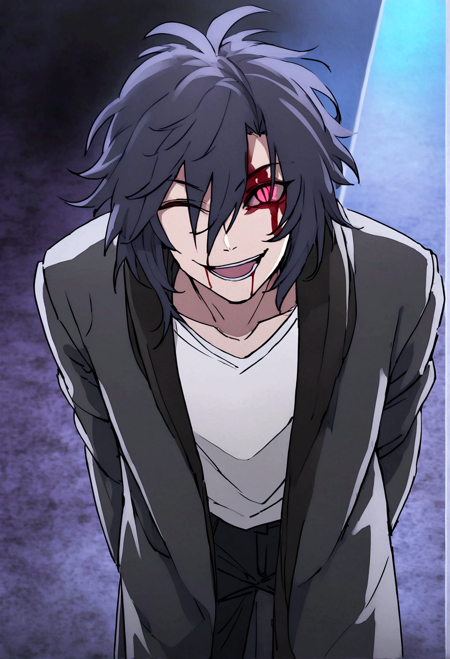 Anime man, psychopathic smile, blood stain on black winter faux fur black jacket clothing, black pants, black mega long scarf, black messy hair, hair bun, closed right eye, opened left glowing red eye, psychopathic face, white shirt with blood stains, terrifying will to commit malice