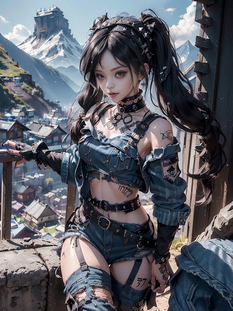 (Full Body View:1.3)、(Beautiful lips and nose:1.4)、(Long eyelashes:1.4)、(Side view:1.1)、(Smiling with teeth showing:1.3),(Shibuya Gal:1.5)、(Gothic Lolita delicately decorated dress:1.5)、(Tattered denim and black punk rock cargo pants:1.5)、(Denim and black navy skull mark small jacket:1.4)、(denim garter belt:1.5)、(Black and denim knee socks:1.3)、(Skull Silver Accessories:1.5)、(Denim collar:1.3)、(Brown Skin Belt:1.4)、(Brown boots:1.2)、(The underwear is striped:1.4)、31 years old、((Highest quality、In 8K、masterpiece:1.3))、Sharp focus:1.2、(Layered Cut、Huge boobs:1.1),Beautiful woman with perfect figure:1.4、(Dancing vigorously:1.3)、Slender Abs:1.2、Highly detailed face and skin texture、Detailed eyes、double eyelid,(Twin tails:1.3)、(Black brown hair:1.3)、Gravure idol、(The background is a vast mountain with a clear view々Beautiful luxury resort destination in Europe:1.3)、(Slim body:1.2),(Make your legs thinner:1.4),(clavicle:1.1)