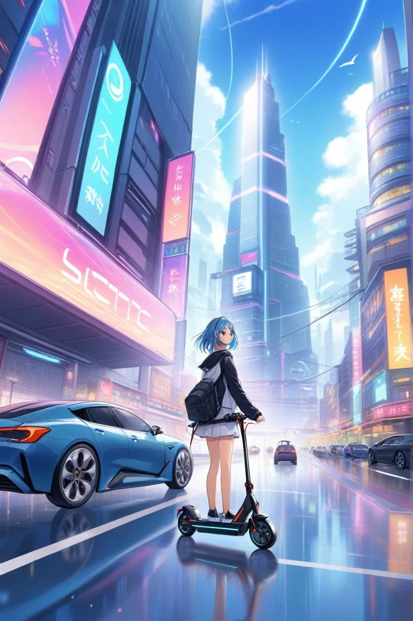 Anime artwork 2D, One Man, Electric Kickboard, Are standing, road, Ride an electric scooter around town . Anime Style, Key Visual, Near future, Studio Anime,Futuristic cityscape with flying cars and colorful skyscrapers