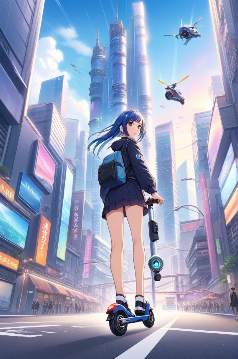 Anime artwork 2D, One Man, Electric Kickboard, Are standing, road, Ride an electric scooter around town . Anime Style, Key Visual, Near future, Studio Anime,Futuristic cityscape with flying cars and colorful skyscrapers