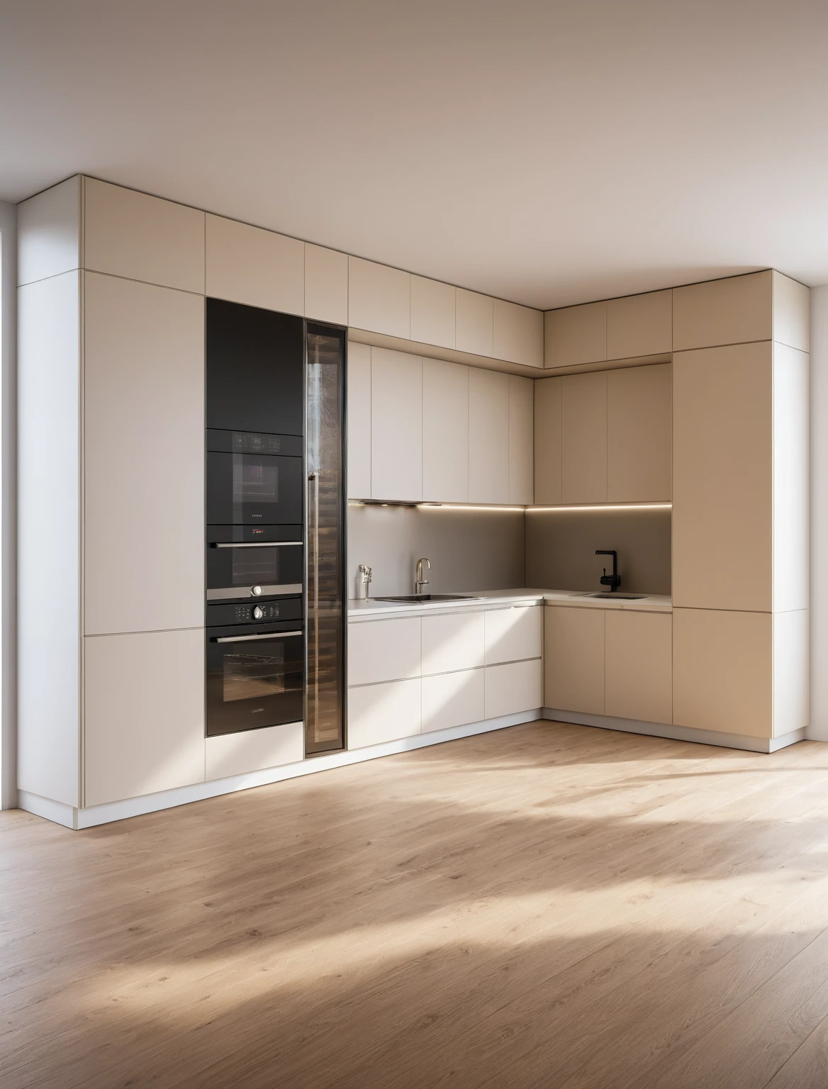 Raw photo,Masterpiece, high quality, best quality, authentic, super detail, interior , sunset, daylight, Kitchen Cabinets style minimalist, Induction cooker, sink, faucet, oven, built-in microwave, wooden floor, hood, wine cabinet, ((beige and white tones))