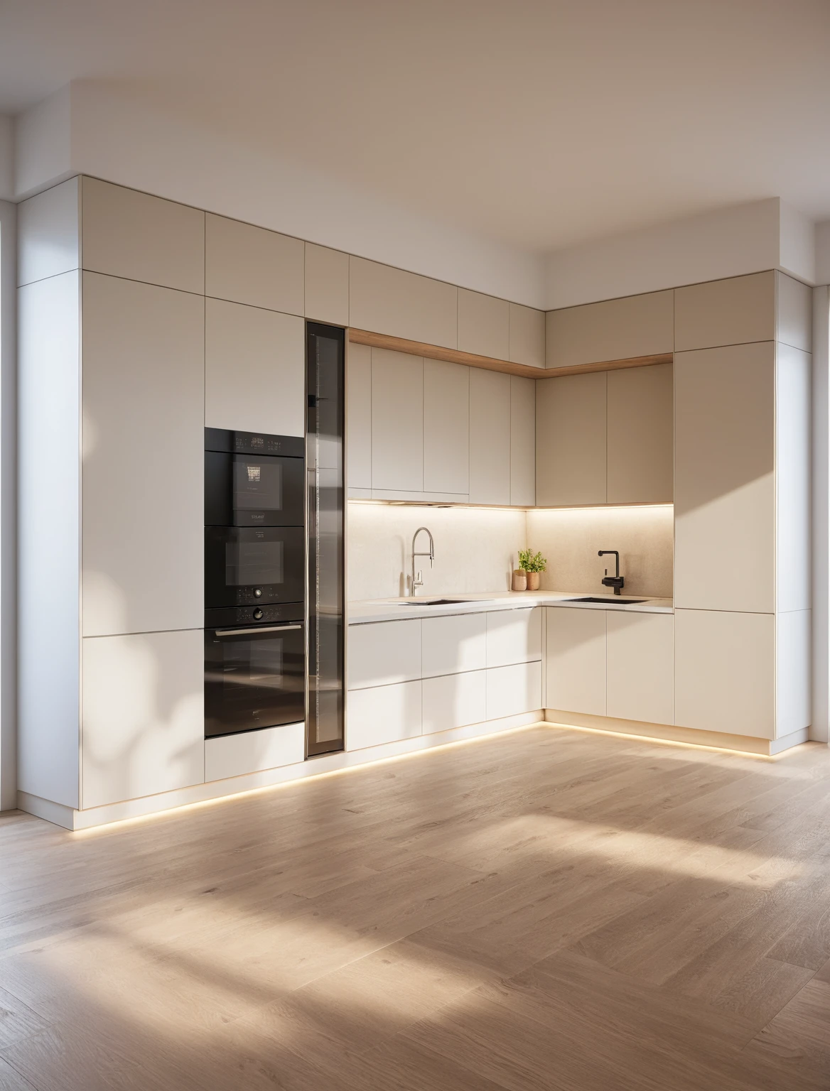 Raw photo,Masterpiece, high quality, best quality, authentic, super detail, interior , sunset, daylight, Kitchen Cabinets style minimalist, Induction cooker, sink, faucet, oven, built-in microwave, wooden floor, hood, wine cabinet, ((beige and white tones))
