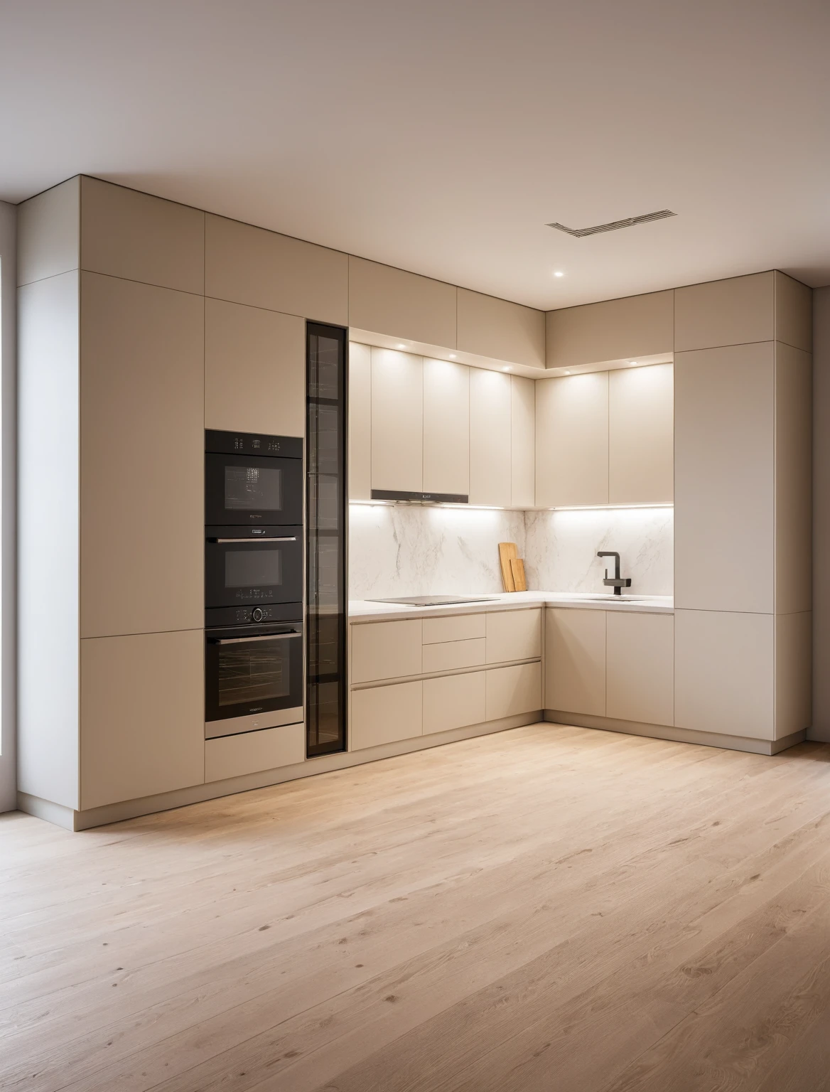 Raw photo,Masterpiece, high quality, best quality, authentic, super detail, interior , sunset, daylight, Kitchen Cabinets style minimalist, Induction cooker, sink, faucet, oven, built-in microwave, wooden floor, hood, wine cabinet, ((beige and white tones))