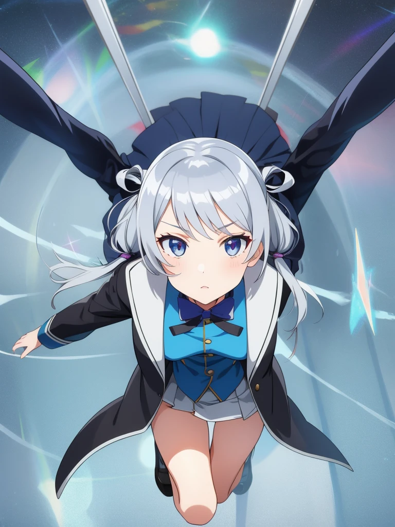 1girl, anime girl, silver hair, long twintails, silver eyes, dark blue school suit