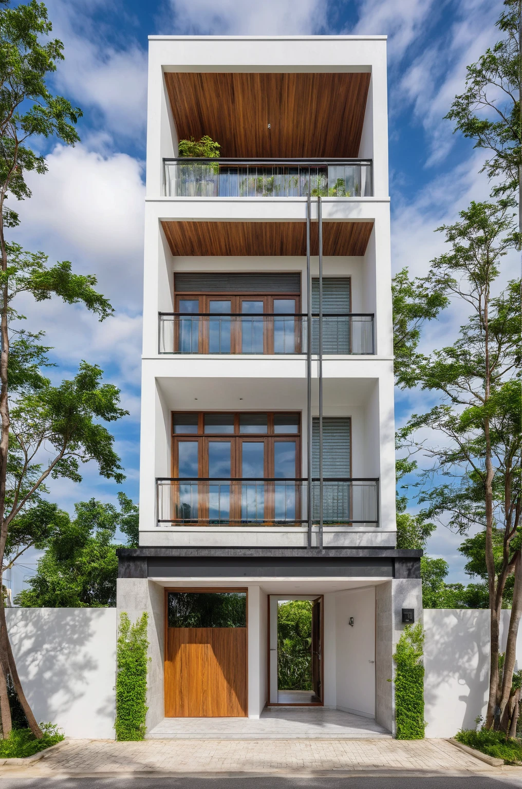 modern villa on street, (overcast lighting:1.2), tropical tree, vivid color, streetcapes, nice sky, grey wood and white tone, (large glass door:1.2), warm interior lighting, modern material, best quality, ultra realistic, masterpiece, 17ArchiAI_XL_VL-v1
