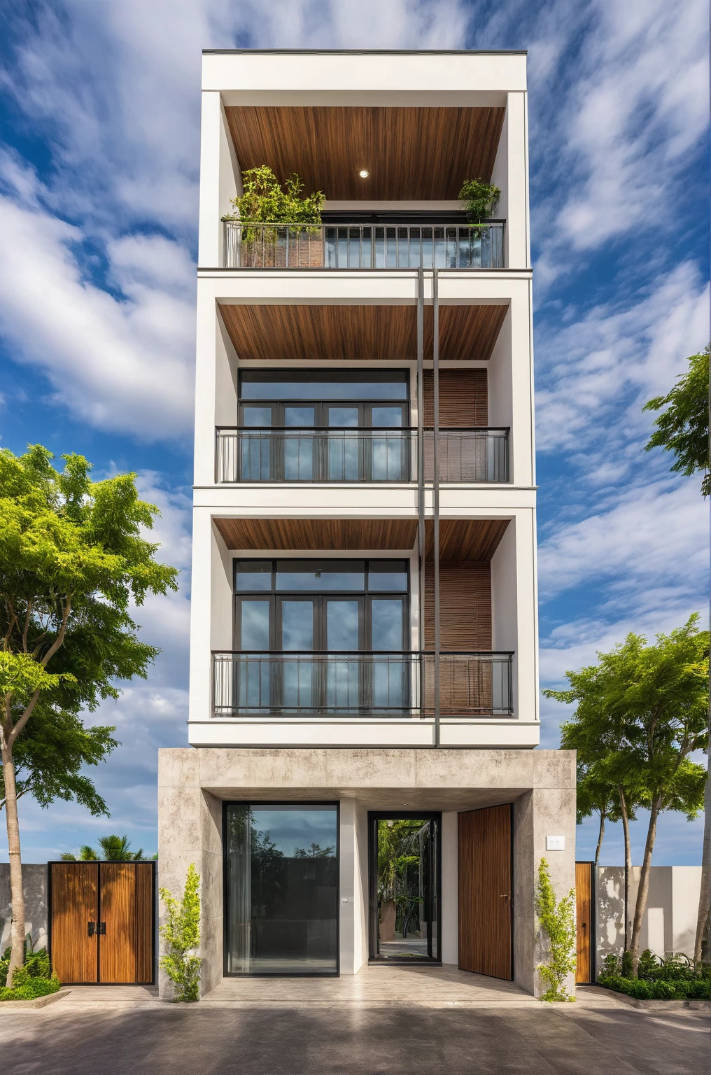 modern villa on street, (overcast lighting:1.2), tropical tree, vivid color, streetcapes, nice sky, grey wood and white tone, (large glass door:1.2), warm interior lighting, modern material, best quality, ultra realistic, masterpiece, 17ArchiAI_XL_VL-v1