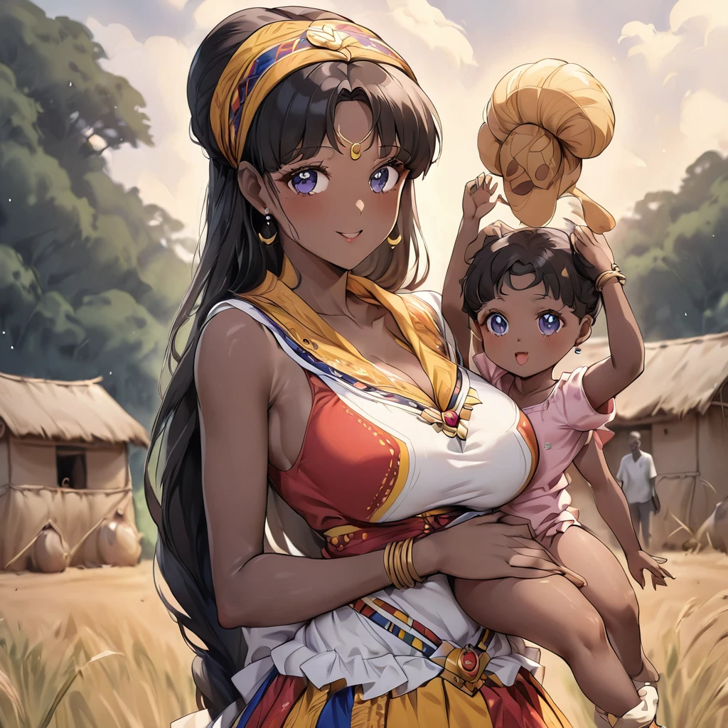 ((Highest quality)), ((masterpiece)), (detailed), (Perfect Face)、The woman is a Ghanaian born Tsukino Usagi with a vivid dark skin, black by birth, and is wearing a colorful Ghanaian dress from a Ghanaian village, a colorful turban head scarf, gorgeous jeweled accessories, and an engagement ring.、The woman is the elegant Tsukino Usagi, with her short black afro hair tied up in a Ghana braid, wearing a colorful Ghanaian dress and a colorful turban head scarf, with vibrant dark brown skin, a natural-born black person, and a natural-born Ghanaian, Tsukino Usagi.、(The woman is a black Ghanaian with vivid dark brown skin.)、The woman is raising children and doing village work with other village girls in her village in Ghana.、、The woman is holding her baby daughter、Polygamous Ghanaian families are large and have many other wives and children.