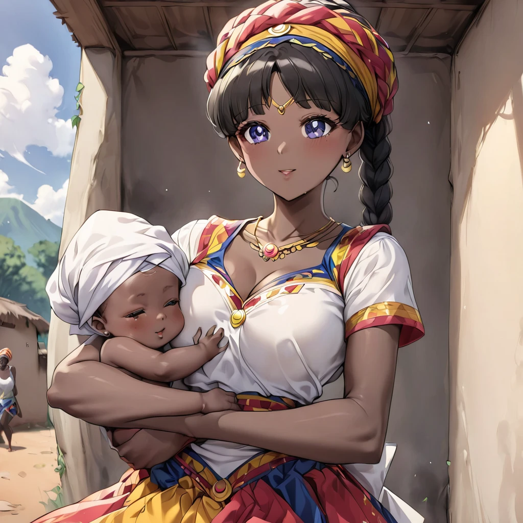 ((Highest quality)), ((masterpiece)), (detailed), (Perfect Face)、The woman is a Ghanaian born Tsukino Usagi with a vivid dark skin, black by birth, and is wearing a colorful Ghanaian dress from a Ghanaian village, a colorful turban head scarf, gorgeous jeweled accessories, and an engagement ring.、The woman is the elegant Tsukino Usagi, with her short black afro hair tied up in a Ghana braid, wearing a colorful Ghanaian dress and a colorful turban head scarf, with vibrant dark brown skin, a natural-born black person, and a natural-born Ghanaian, Tsukino Usagi.、(The woman is a black Ghanaian with vivid dark brown skin.)、The woman is raising children and doing village work with other village girls in her village in Ghana.、、The woman is holding her baby daughter、Polygamous Ghanaian families are large and have many other wives and children.