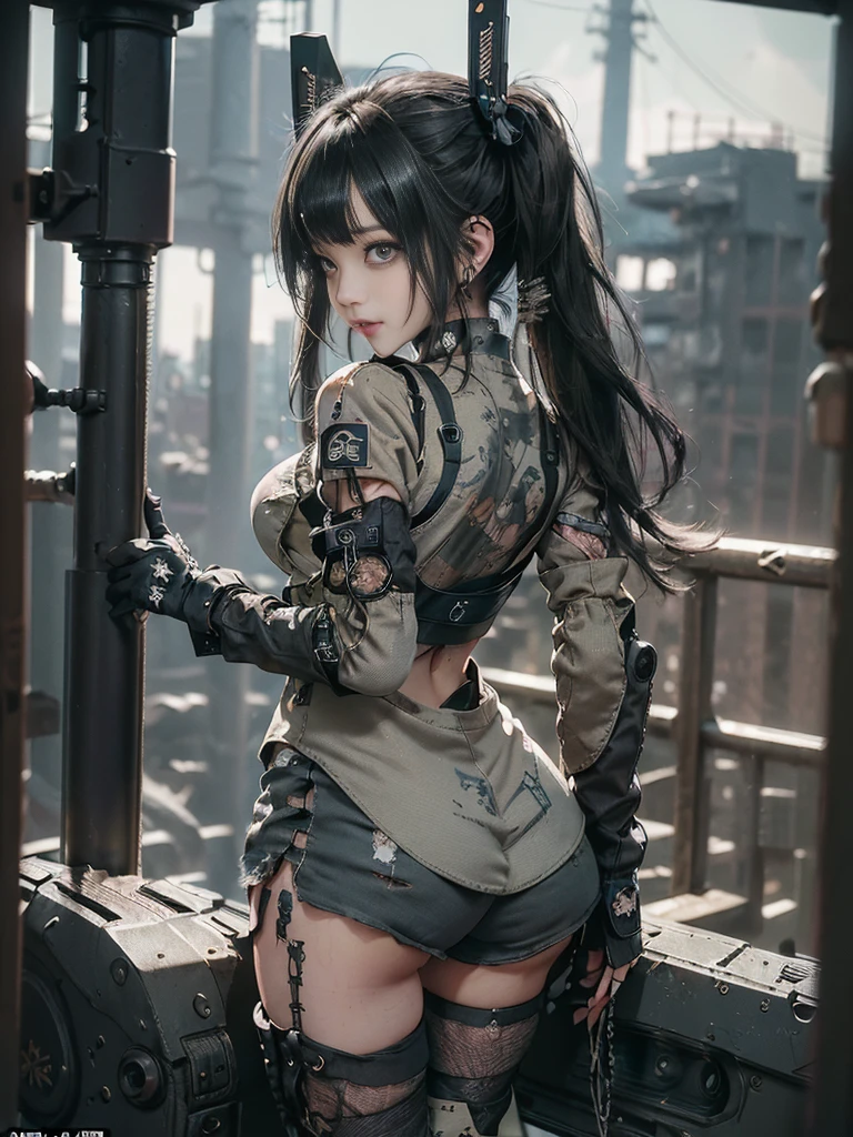 (Full Body View:1.3)、(Back view:1.3)、(Please smile with your teeth showing:1.4),(Shibuya Gal:1.5)、(Gothic ta style fashion:1.5)、(Tattered khaki and gray futuristic micro high leg bodysuit:1.5)、(Tattered Khakis and White Micro Fancy Sleeves:1.5)、(Tattered khaki micro shorts:1.5)、(Brown and khaki knee socks:1.3)、(camouflage:1.3)、(Military jacket:1.4)、Brown boots、Khaki gloves、internal、(The underwear is striped:1.4)、23 years old、(do a gravure pose:1.3)、((Highest quality、8K、masterpiece:1.3))、One girl、The beauty of slim abs:1.3、(Hairstyle Casual、Big Tits:1.1)、dress:1.1、Super small face、Narrow eyes、double eyelid、Laughter、Esbian all over、Dynamic Angle、Close-up、CPL Filter、Blurred Background、Bokeh、Blue Hour、Detailed face and skin texture、Detailed Eyes,(Twin tails:1.3)、(Black brown hair:1.4)、Gravure idol pose、(The background is the cockpit of a futuristic weapon.:1.3)、(The body is slim:1.2),(Slim legs:1.4),(clavicle:1.1)