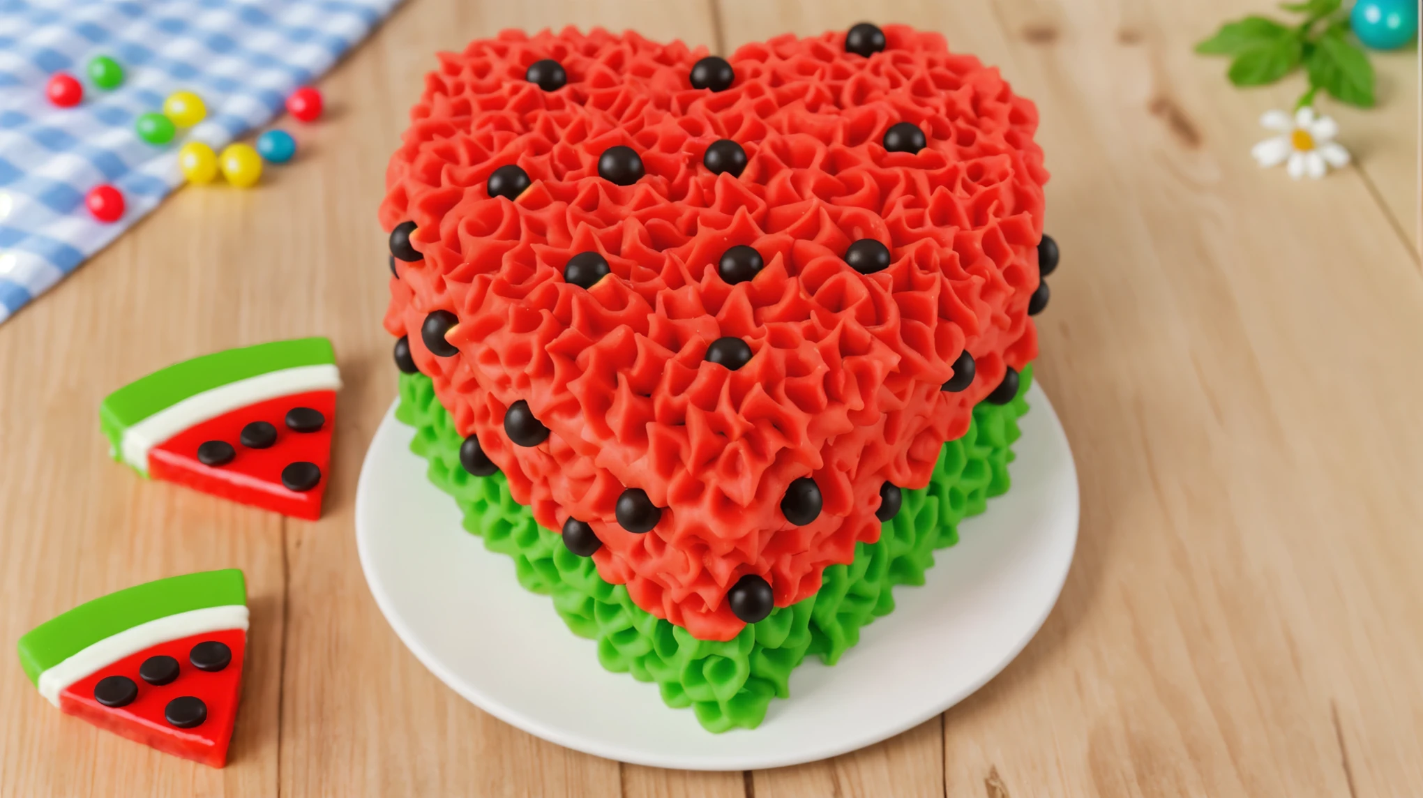 on a wooden table, there is a heart-shaped cake on a white plate,. red and green cream cake. cream with highlights, with black beads. there is a blue checkered tablecloth on the table next to it, scattered rainbow jelly beans, chamomile lies, There are slices of watermelon made of polymer clay on the table, Multiple light sources, bright lighting, Realistic style , realistic texture, detailed texture, A high resolution, high quality, macro photo, ultra hd 4k quality.