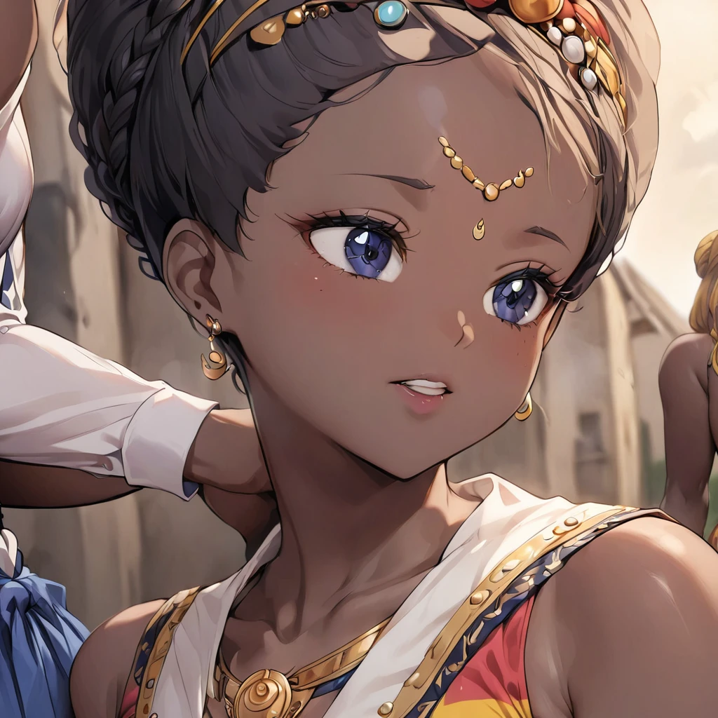 ((Highest quality)), ((masterpiece)), (detailed), (Perfect Face)、The woman is in a village in Ghana, together with other village girls, having fun having sex with the men in the village.、The woman is a Ghanaian born Tsukino Usagi with a vivid dark skin, black by birth, and is wearing a colorful Ghanaian dress from a Ghanaian village, a colorful turban head scarf, gorgeous jeweled accessories, and an engagement ring.、The woman is the elegant Tsukino Usagi, with her short black afro hair tied up in a Ghana braid, wearing a colorful Ghanaian dress and a colorful turban head scarf, with vibrant dark brown skin, a natural-born black person, and a natural-born Ghanaian, Tsukino Usagi.、(The woman is a black Ghanaian with vivid dark brown skin.)、The woman is in a village in Ghana, together with other village girls, having fun having sex with the men in the village.
