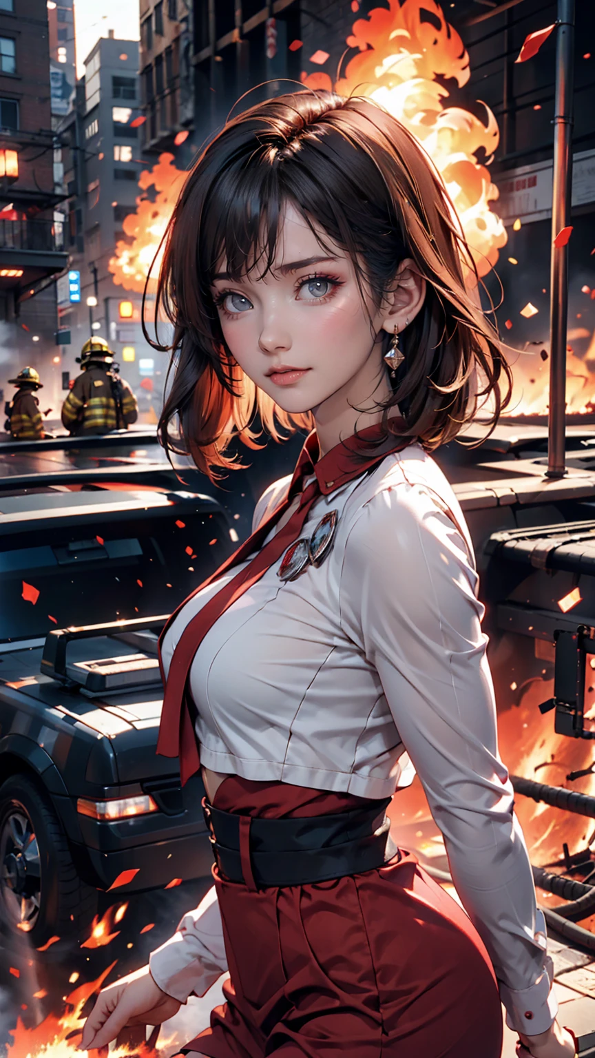 woman,Lina, short hair, Flying over the city, fire, Red glow
