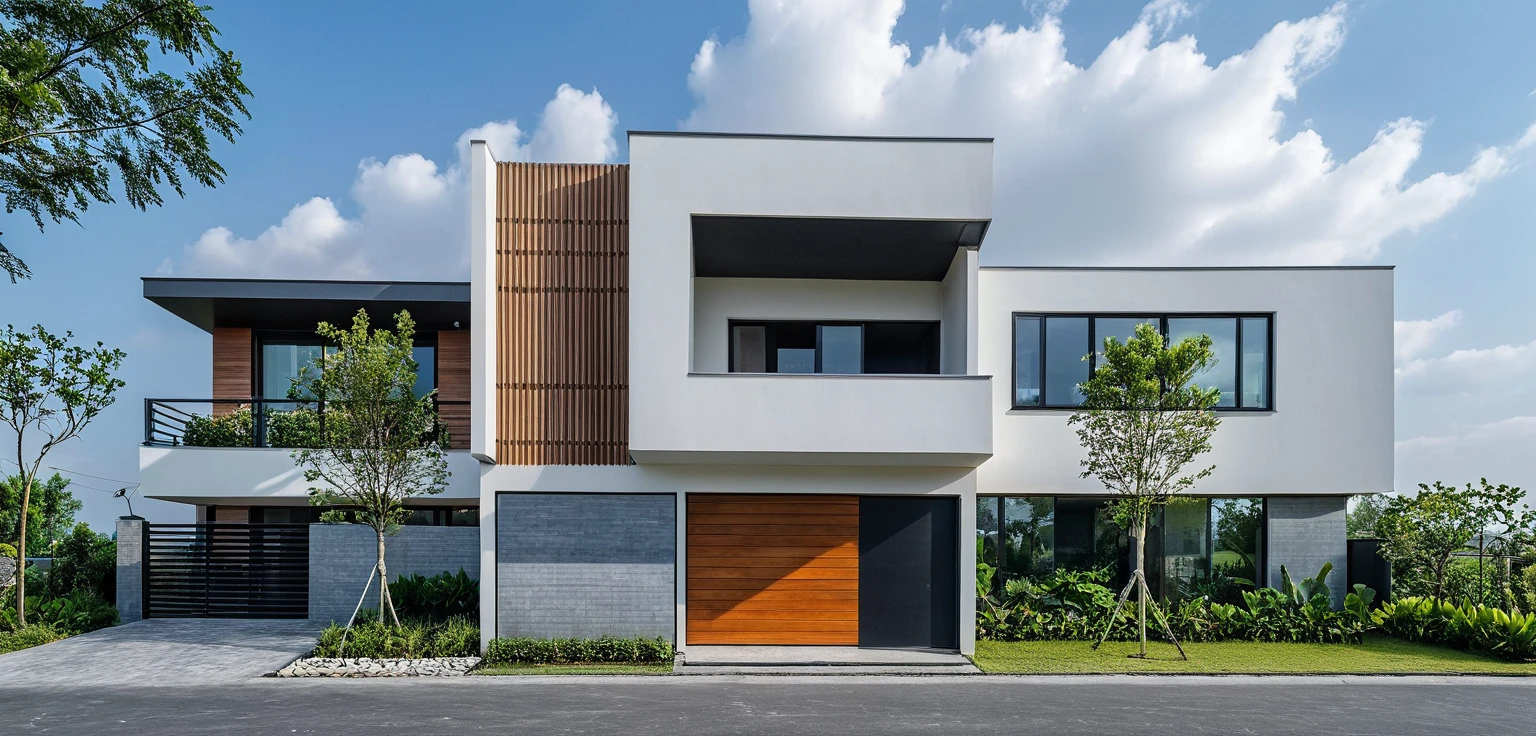 Raw photo, masterpiece, high quality, best quality, realistic, super detailed, outdoor, " 2-storey house " , modern Mezzanine house style, (white wall), curved wall facade, aluminum interior door glass, curved planter, gray tiled accent wall, gray iron box exterior gate, road, sidewalk, grass, trees, sky, clouds, (daylight):1.1)