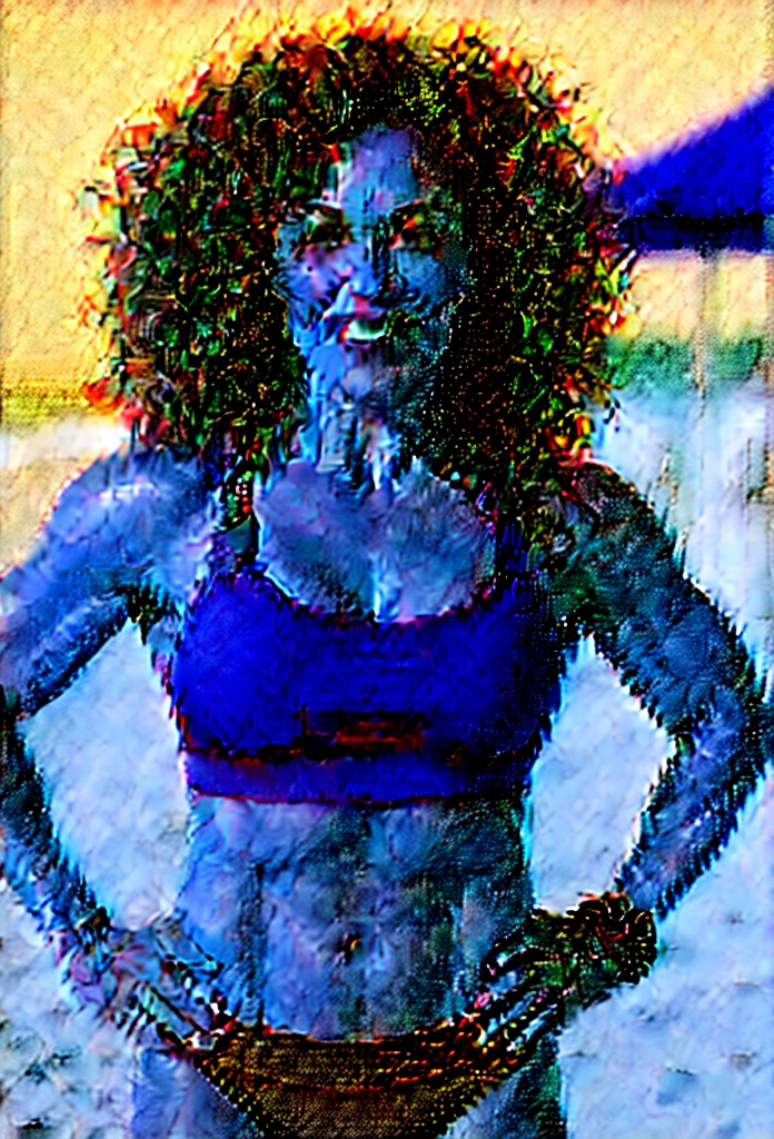 A woman with a normal body aged 40, curly hair, Brown skin,1 woman who owns a gym, standing alone, separated-lips, woman working out. doing exercise, red thong bikini, red one strap top, Beach clothes, in the background a gym, sprinting. jogging. Fitness, Gym, fitness attire