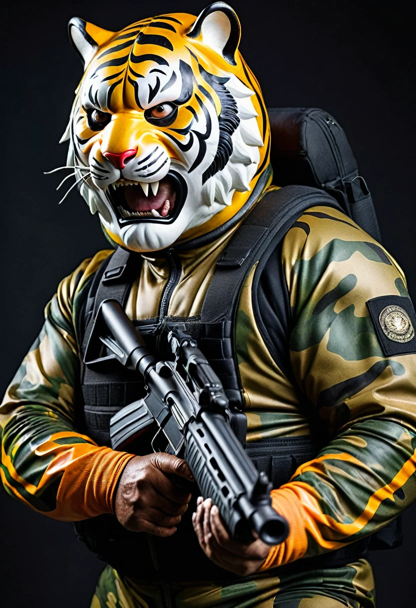 (a dark-skinned fat old man in a bulky camouflage zipper diver suit) shooting with a gun and (wearing roaring siberian tiger mask that show the wearer eyes), muscular, Basuki Abdullah, sumatraism, action, a character portrait, heroic, fierce, snarling